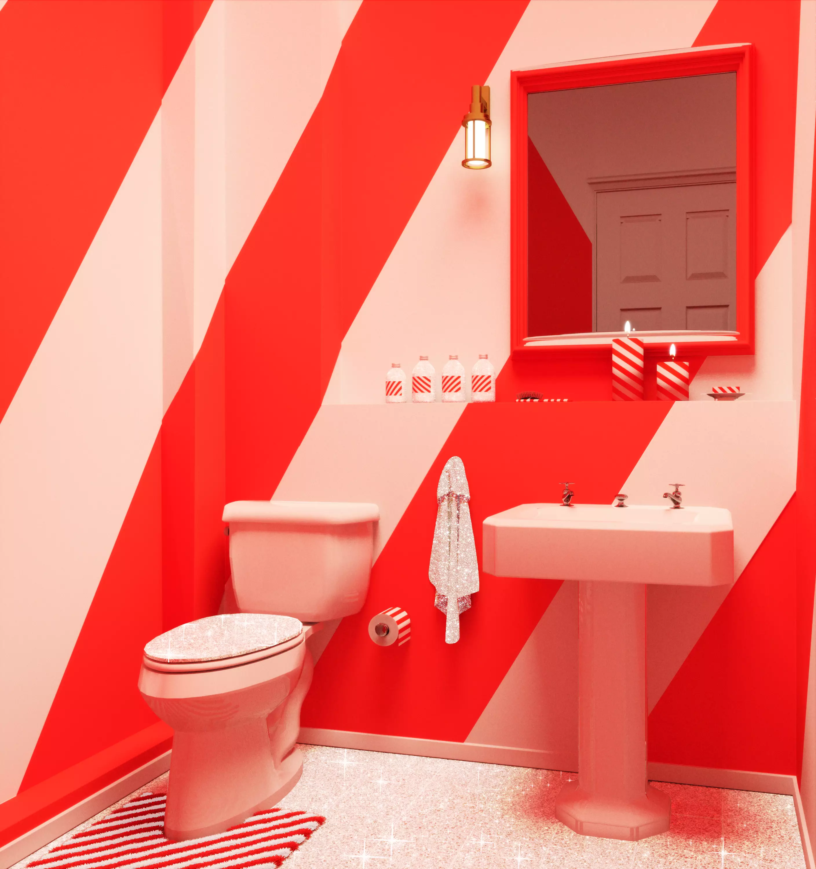 The candy cane-inspired bathroom is quite a feature, too (