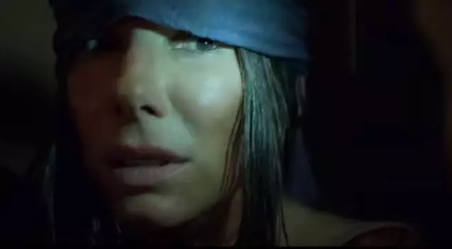 Sandra Bullock, as Malorie, enters the sanctuary during the final scenes of 'Bird Box'.