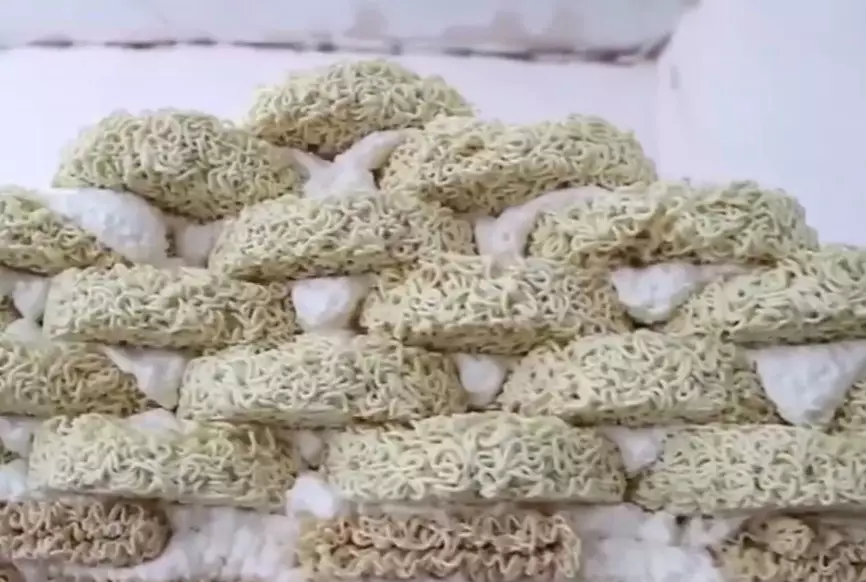 The playhouse is made entirely out of thousands of blocks of noodles.