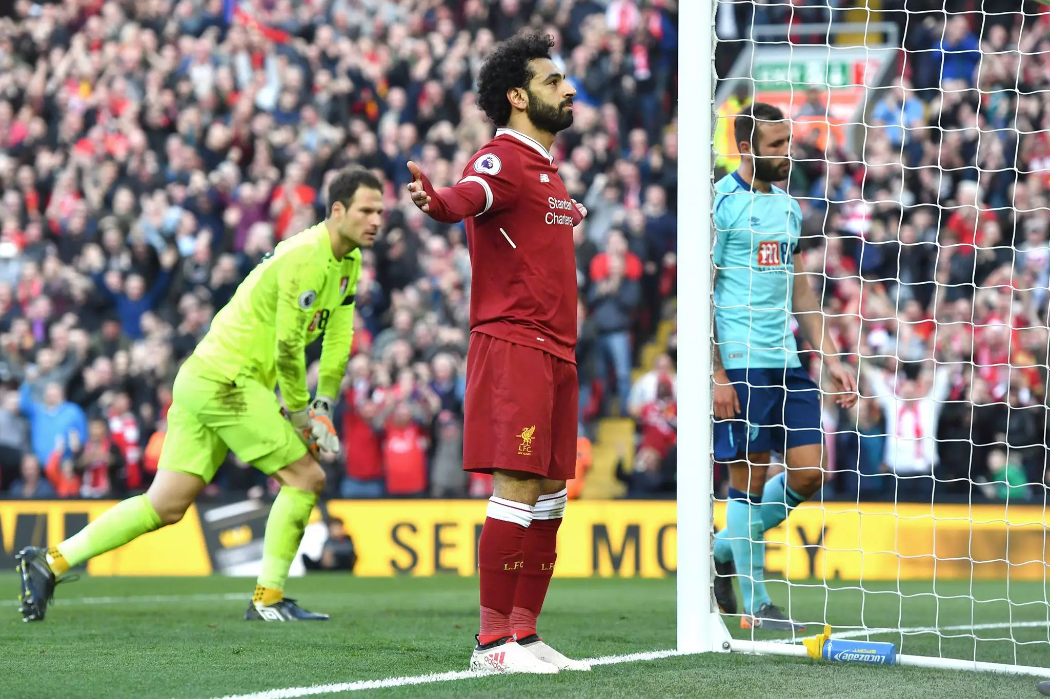 Salah celebrates scoring a goal. Image: PA
