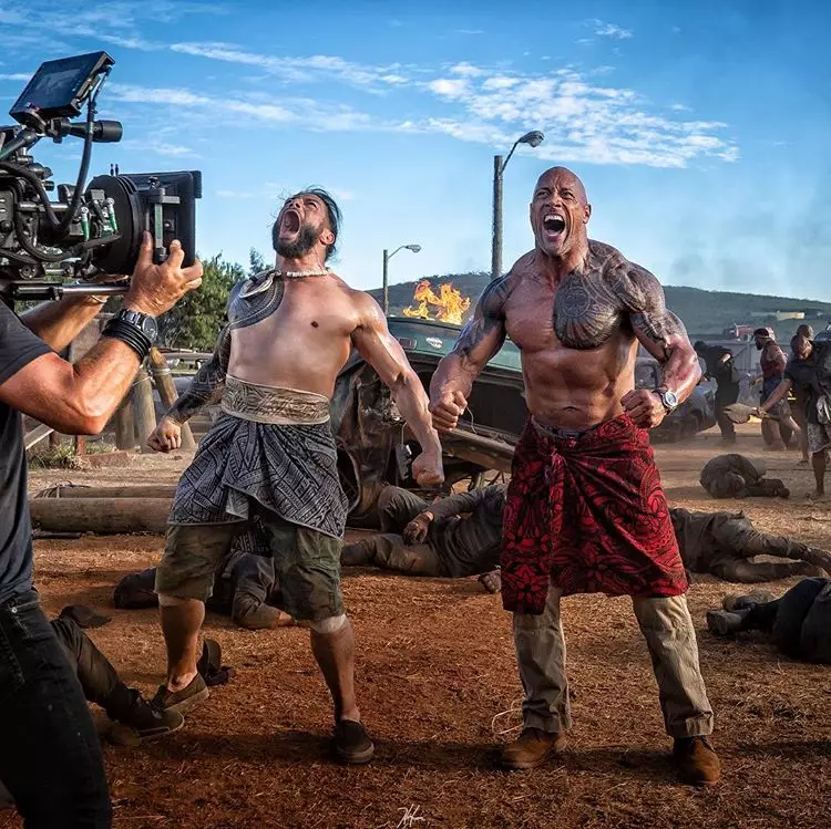 The Rock and Roman Reigns on the set of 'Hobbs & Shaw'.