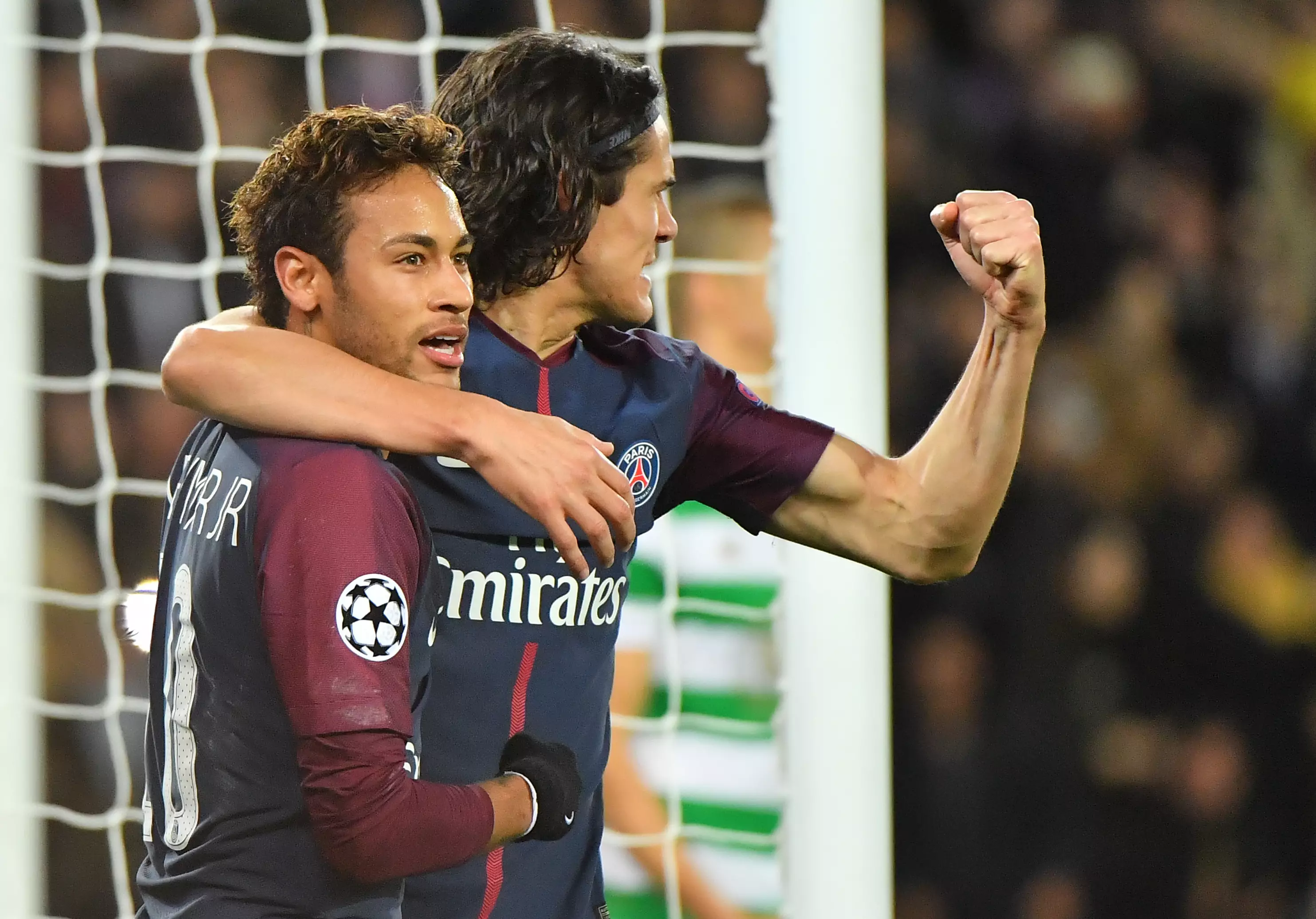Neymar and Cavani celebrate scoring a goal in the Champions League. Image: PA