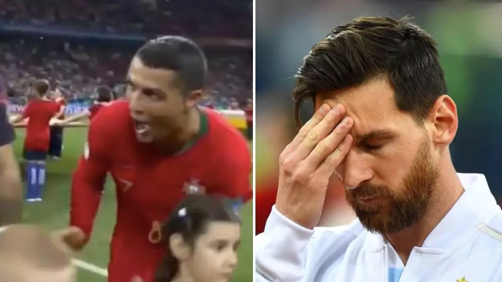 The Contrasting Pictures Of Cristiano Ronaldo And Lionel Messi During Their Team's National Anthem