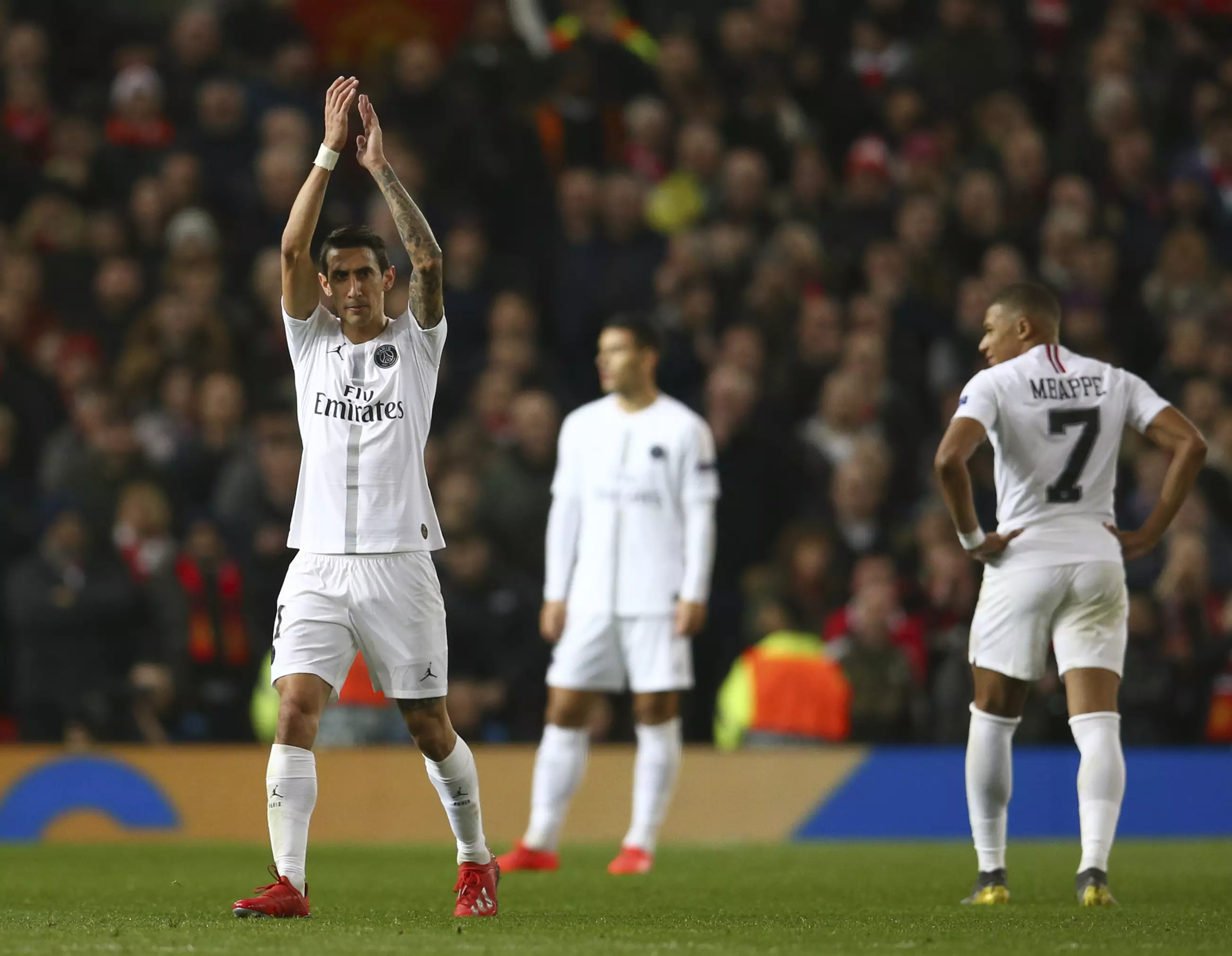 Di Maria applauds the away fans. Image: PA Images