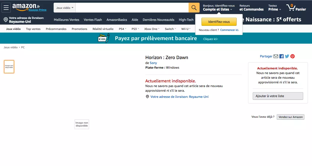 Horizon Zero Dawn listed on Amazon /