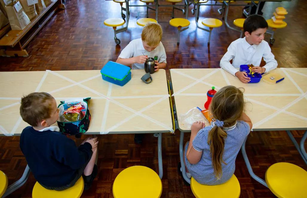 A school in Worcester having a socially distanced lunch (