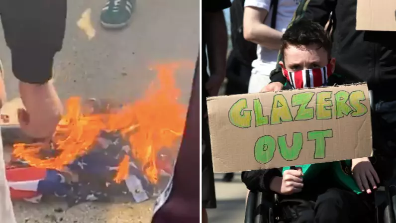 Manchester United Fans Burn American Flag At Protest Against Glazer Family
