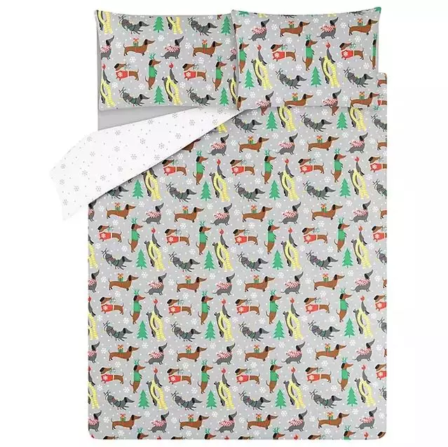 They're also selling a Grey Christmas Sausage Dog Easy Care Duvet Set (£10). (