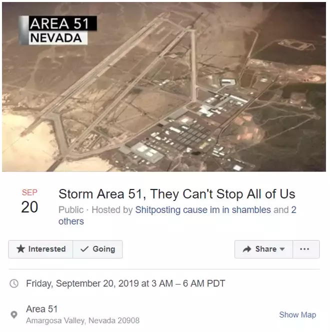 The Facebook event has mushroomed, with more than 1.3 million people signed up to storm the base.