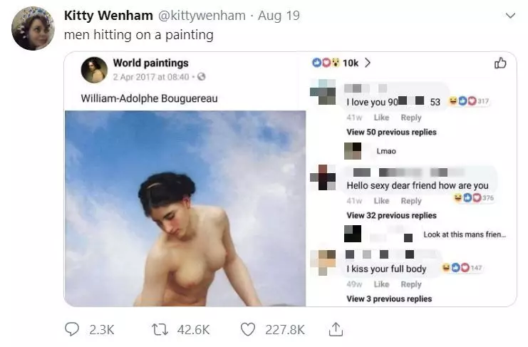 Kitty tweeted the responses on the picture alongside the caption: 'men hitting on a painting'.