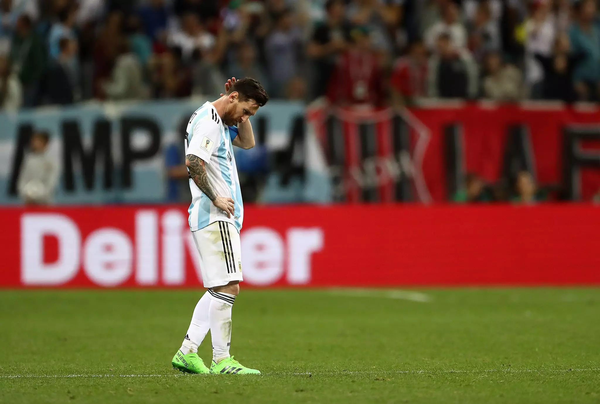 Messi looks on dejected. Image: PA Images