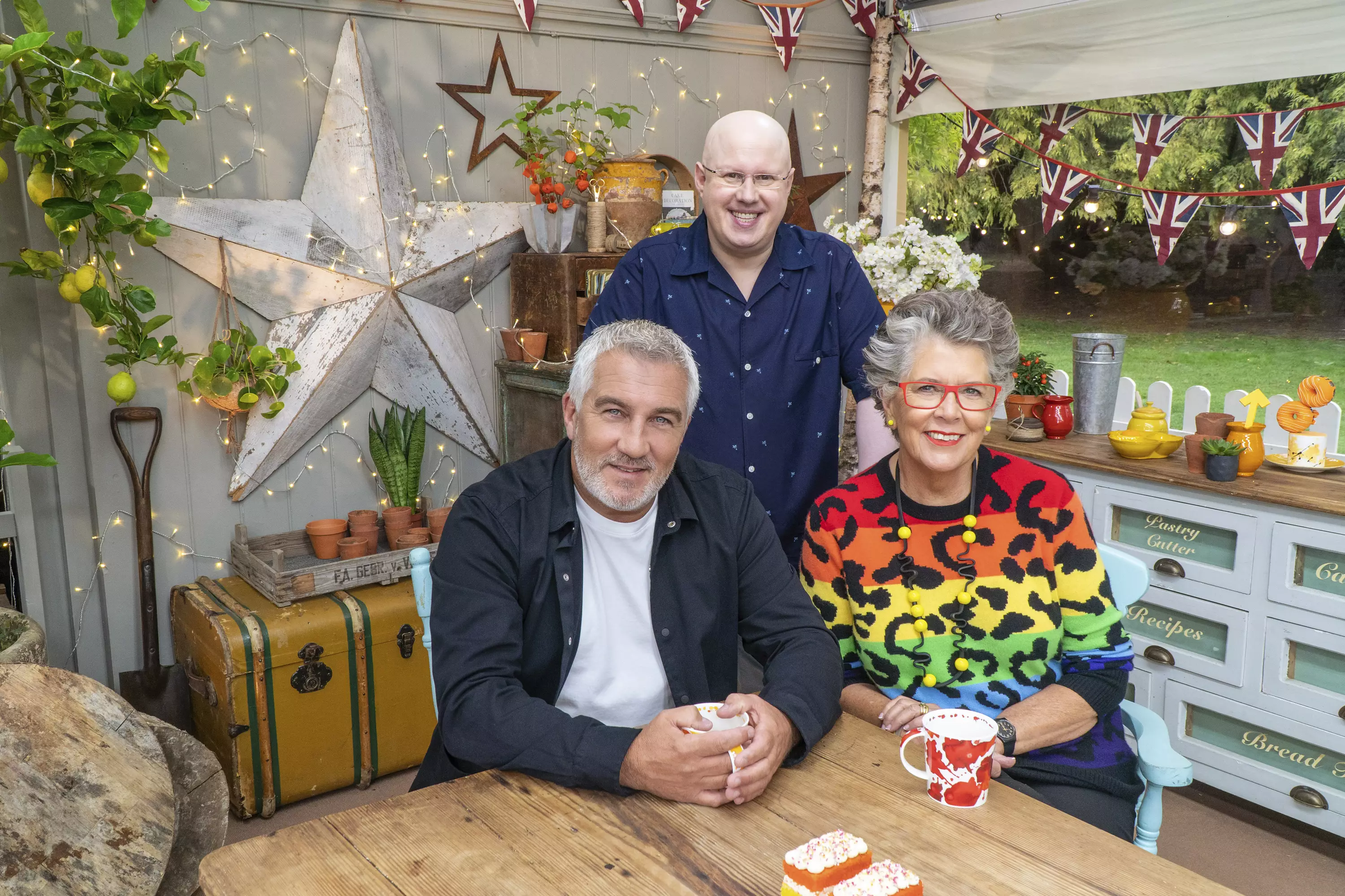 Matt Lucas, Paul Hollywood and Prue Leith on the Great British Bake-Off: Stand Up To Cancer special. (
