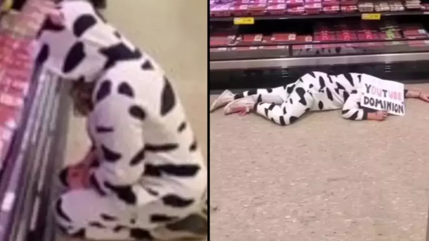 Vegan Protester Dresses Up As A Cow And Mourns Meat Section In Supermarket