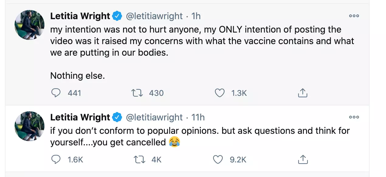 Letitia Wright apologised on Twitter after sharing the vaccine doubter video (