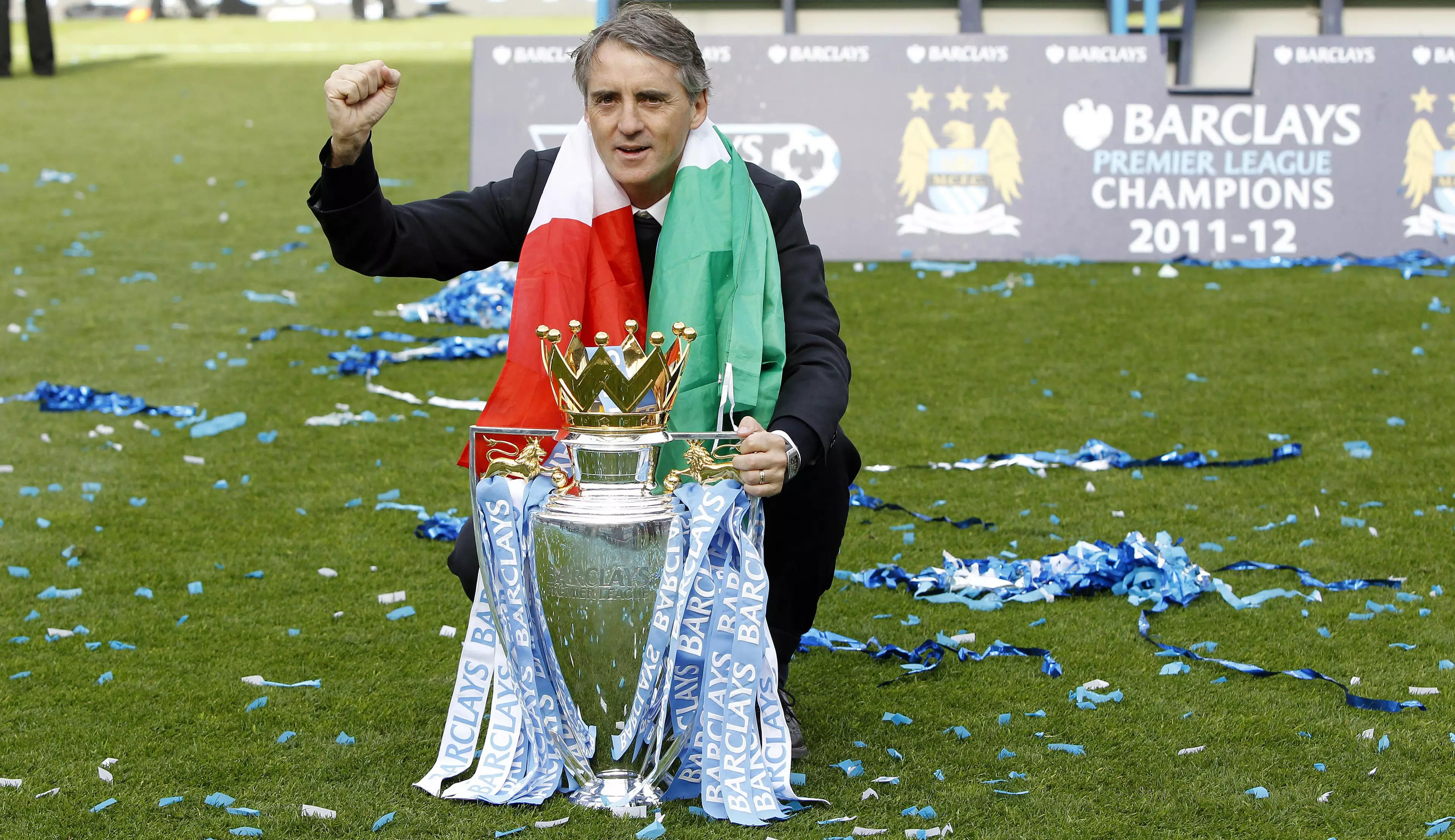 Mancini celebrates winning the league title. Image: PA