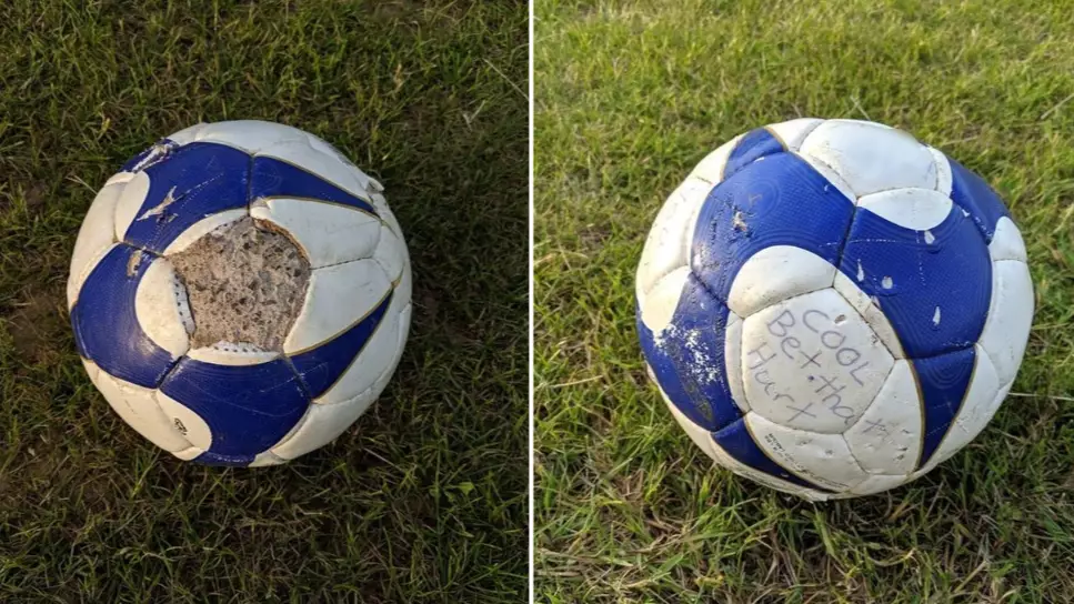 Football Filled With Concrete Left In Playing Field With Note Saying "Bet That Hurt"