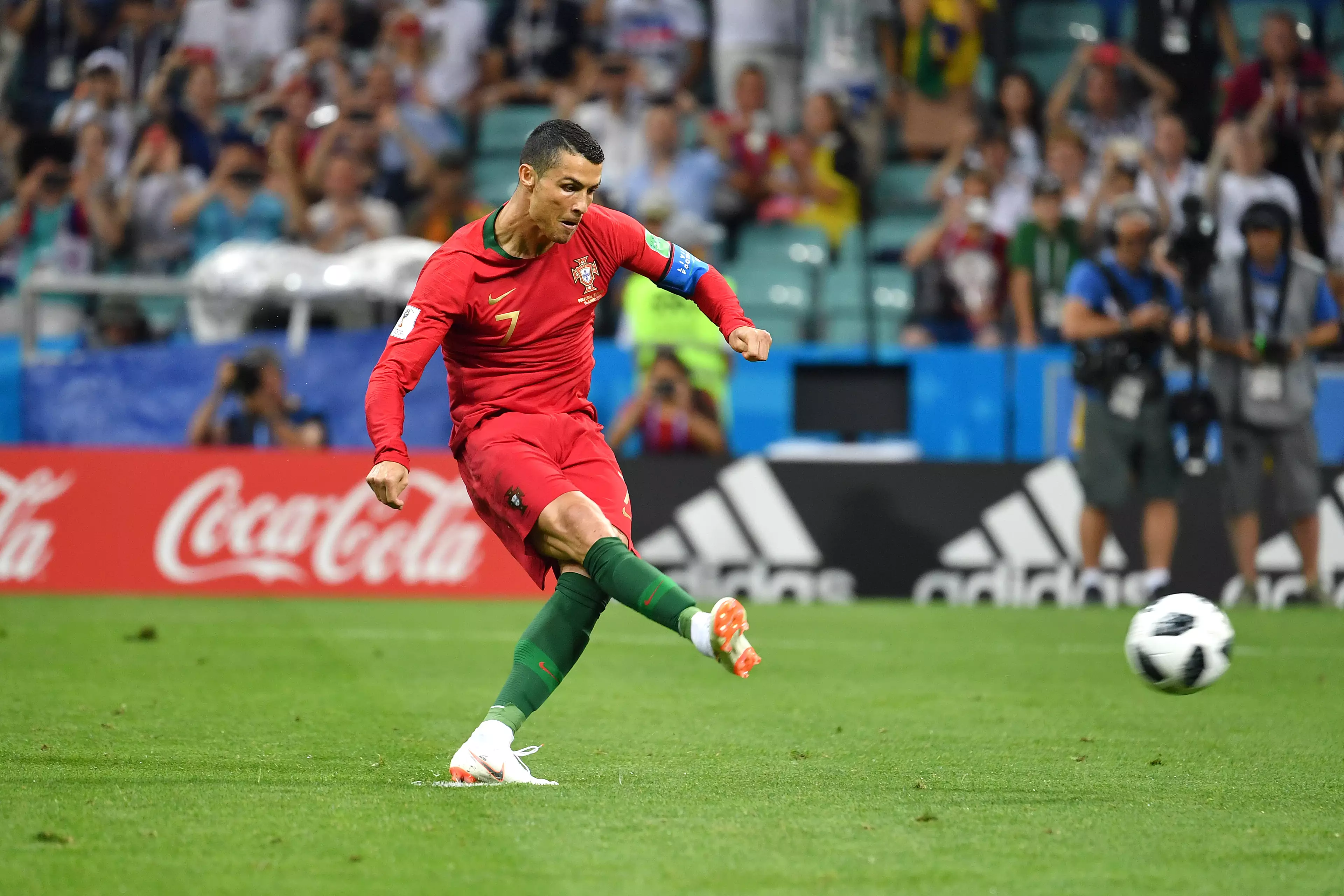 Ronaldo strikes a penalty. Image: PA