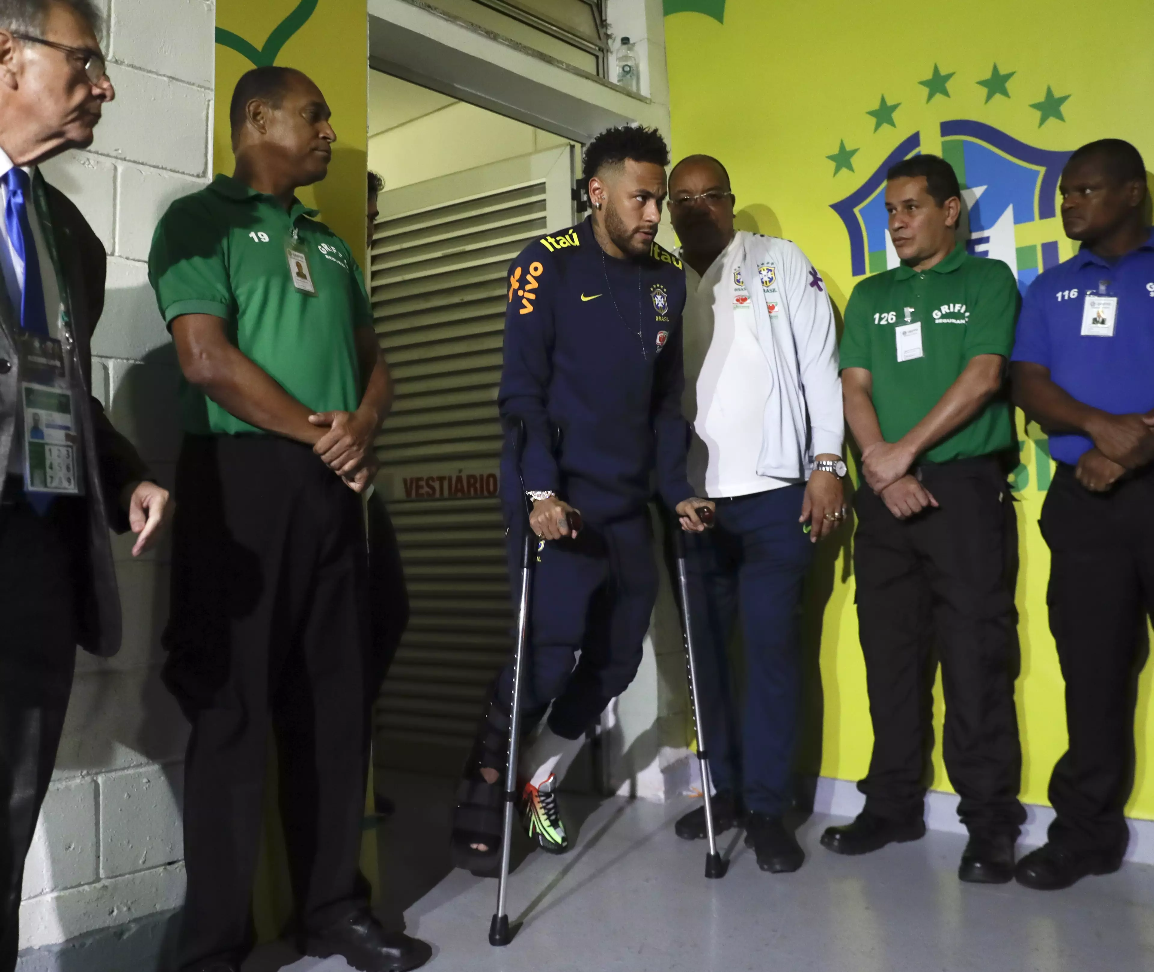 Neymar on crutches after his most recent injury. Image: PA Images