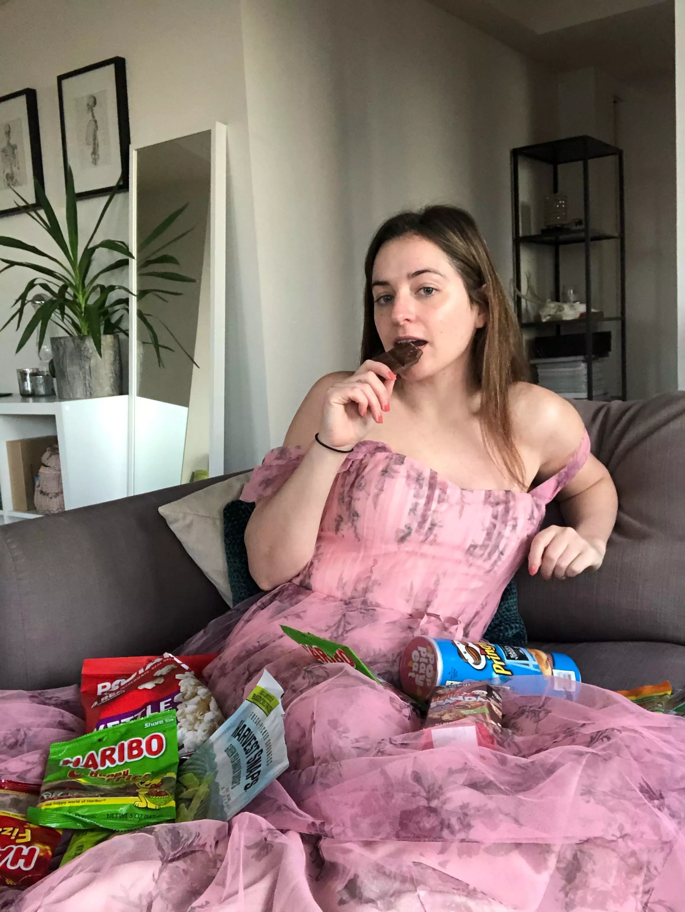 For Lucy, snacking attire is a maxi dress (
