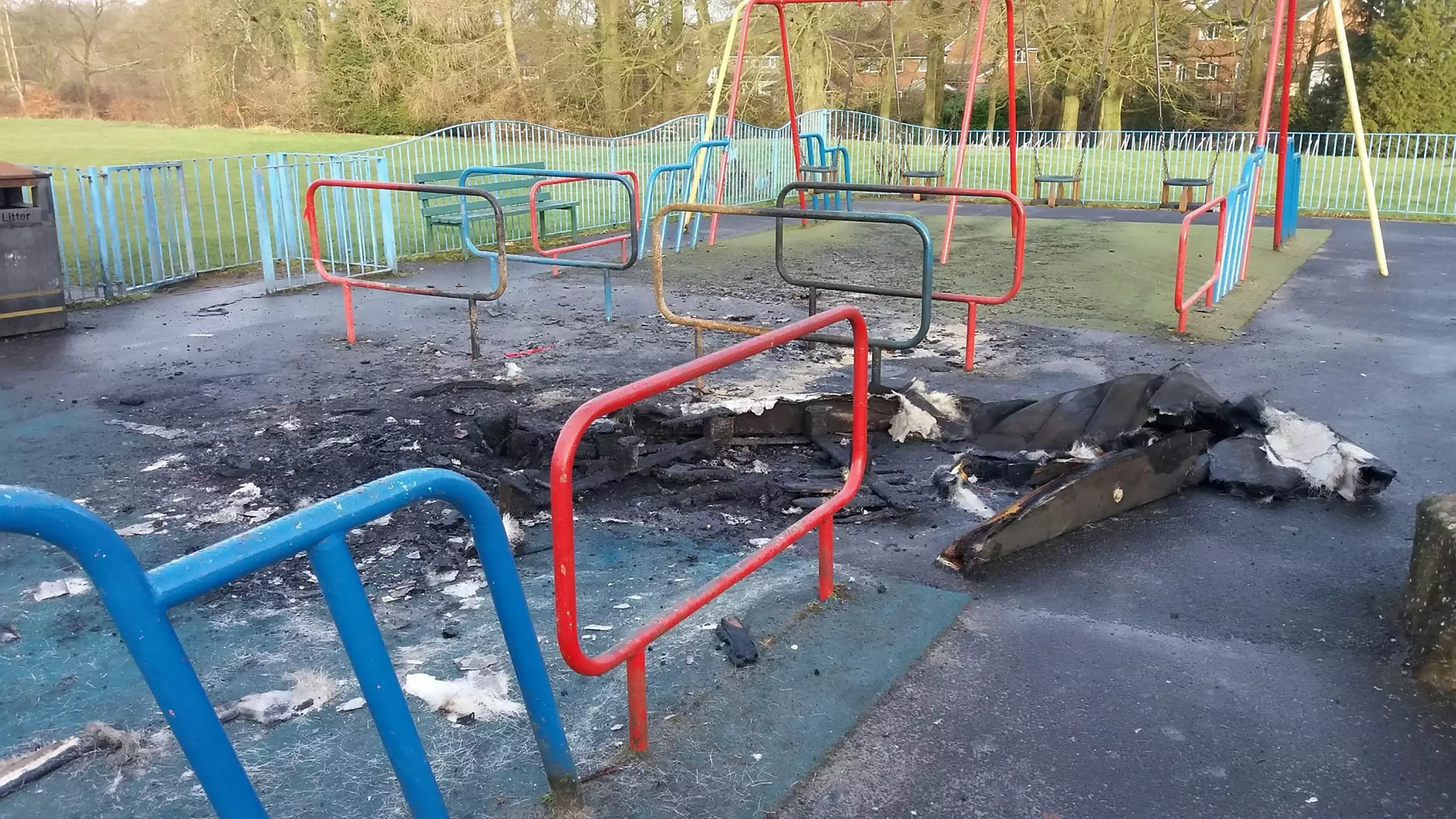 Remnants of a fire at Longsight Park, Bolton.