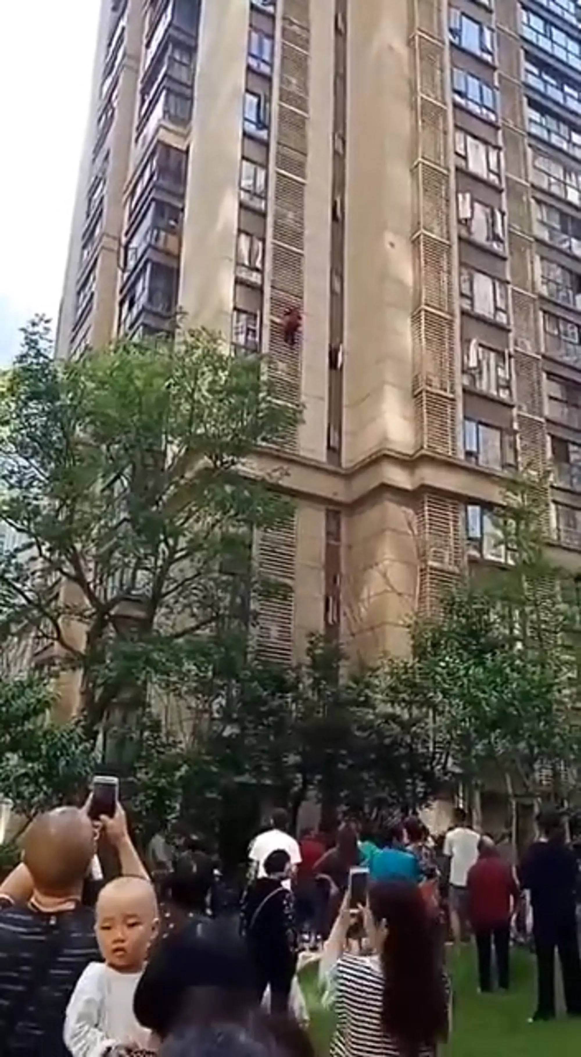 The 90-year-old woman climbing down the side of the high-rise tower block.