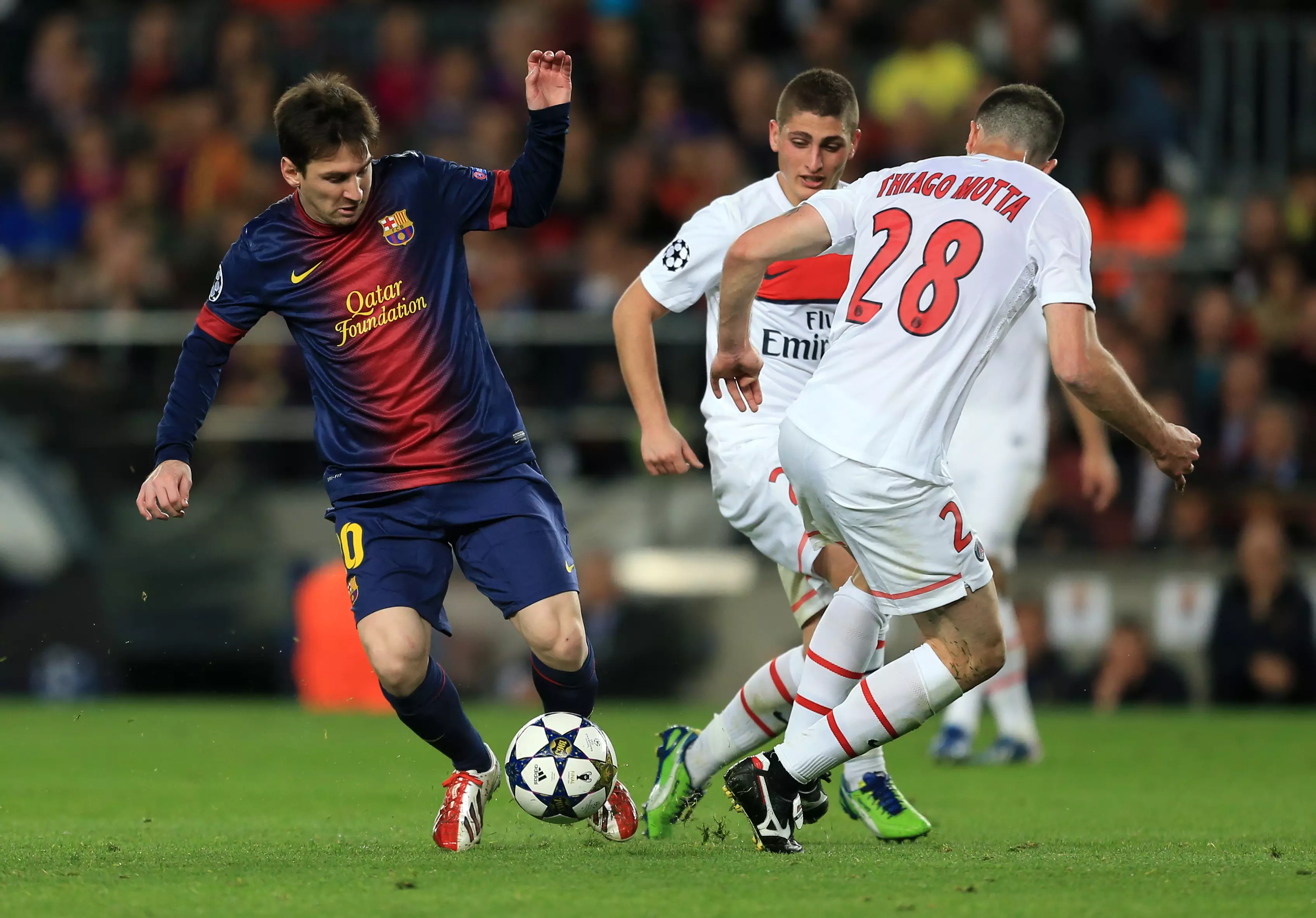 Messi and Motta in action. Image: PA