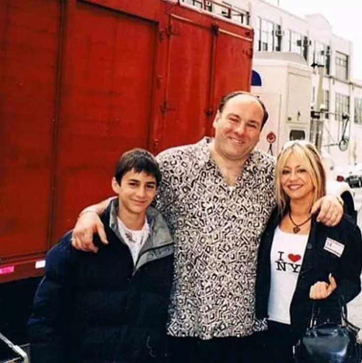Dane Curley on set with his mum and James Gandolfini.