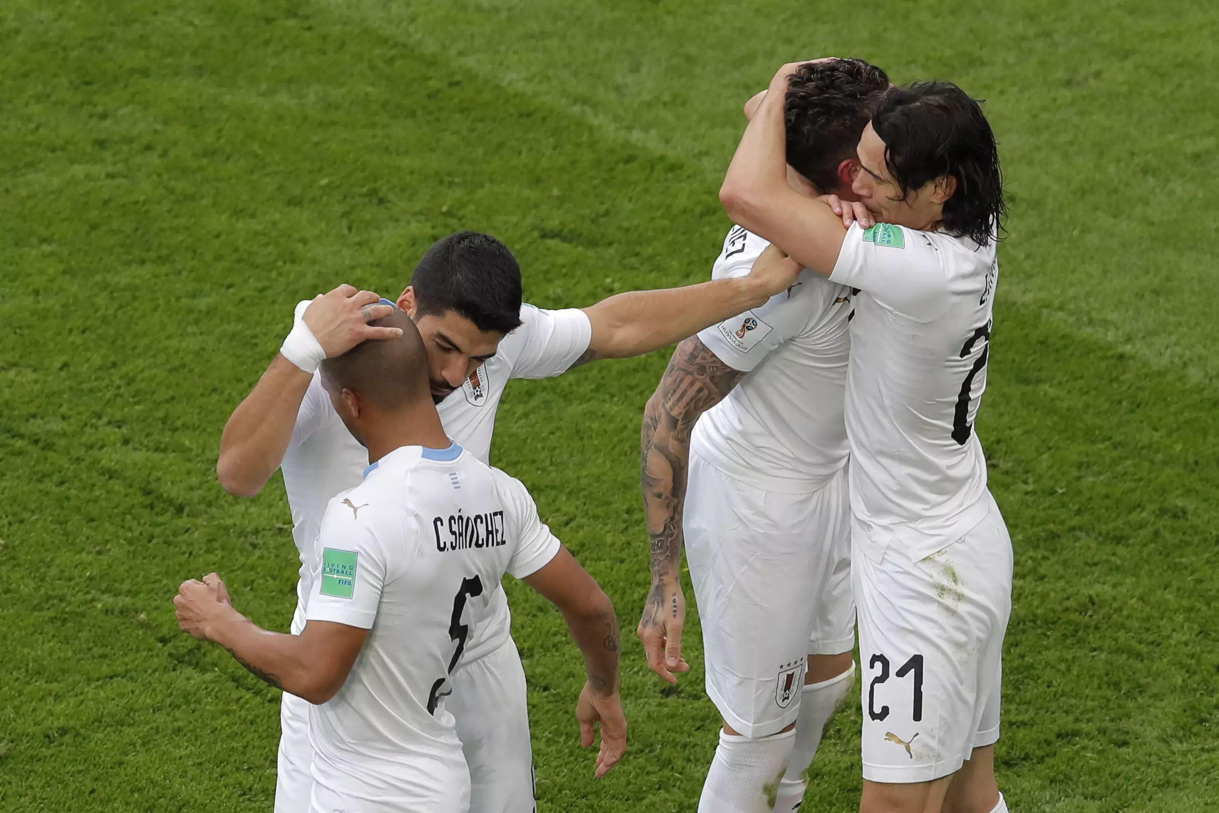 Cavani celebrates Uruguay's goal. Image: PA
