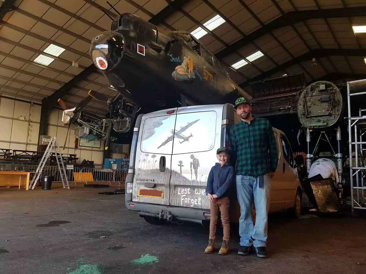 Shaun Harvey and son Zak alongside a real Lancaster Bomber.