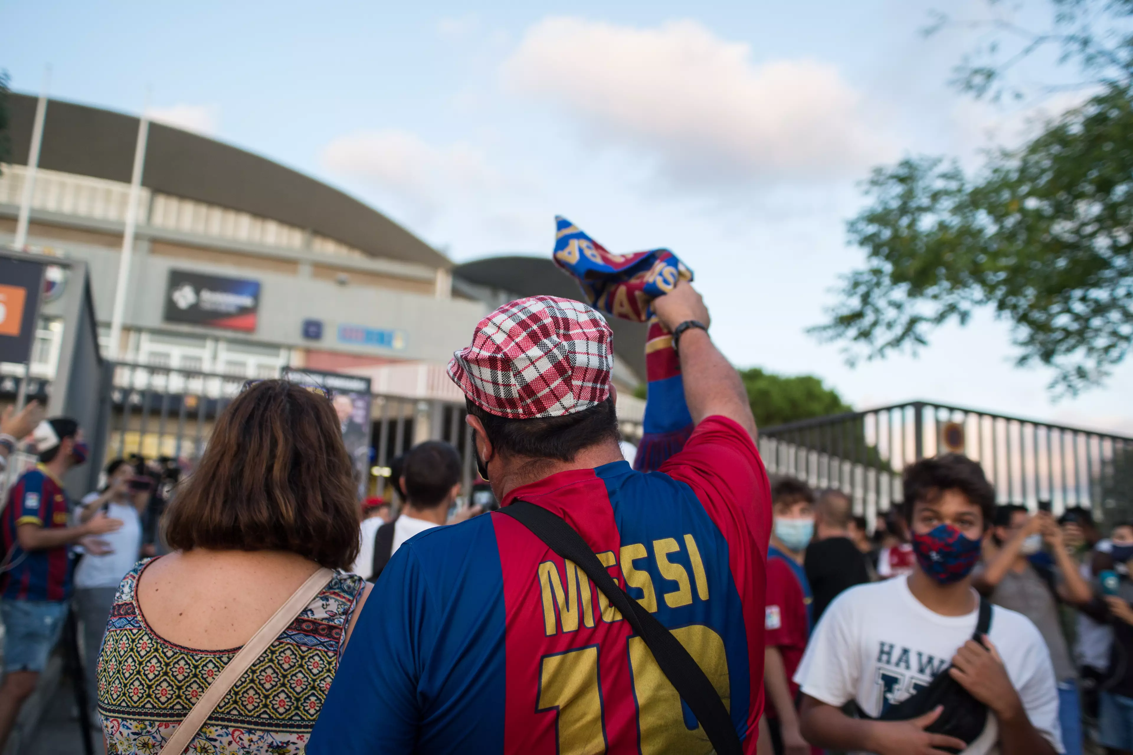 A protester wearing a Messi t-shirt during the demonstration outside the Camp Nou. Image: PA