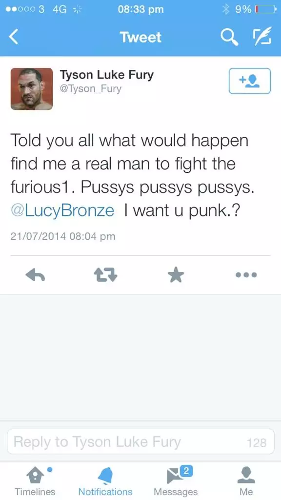 The tweet Fury sent to Lucy Bronze. 