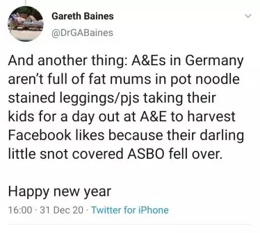 Gareth Baines suggested that A&E departments were full of 'fat mums in Pot Noodle-stained leggings' (