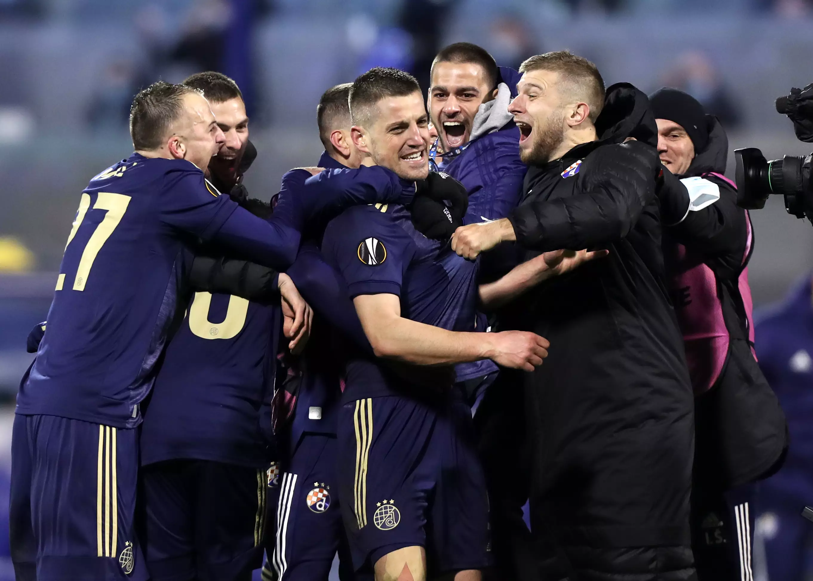 Zagreb celebrate their incredible comeback against Spurs. Image: PA Images