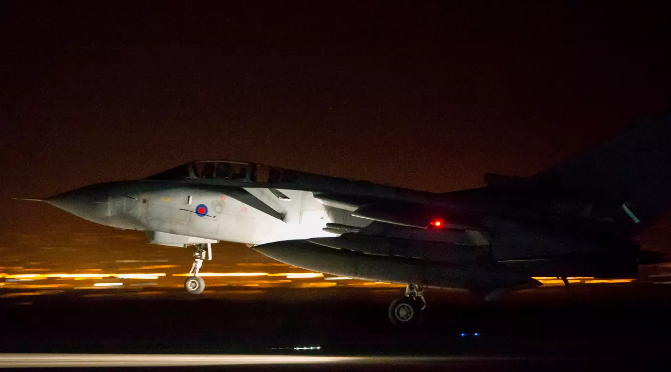 An RAF Tornado lands at Britain Royal Air Force base in Cyprus, after its mission to conduct strikes.