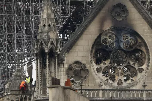 Experts inspect the damaged Notre Dame cathedral after the fire in Paris.