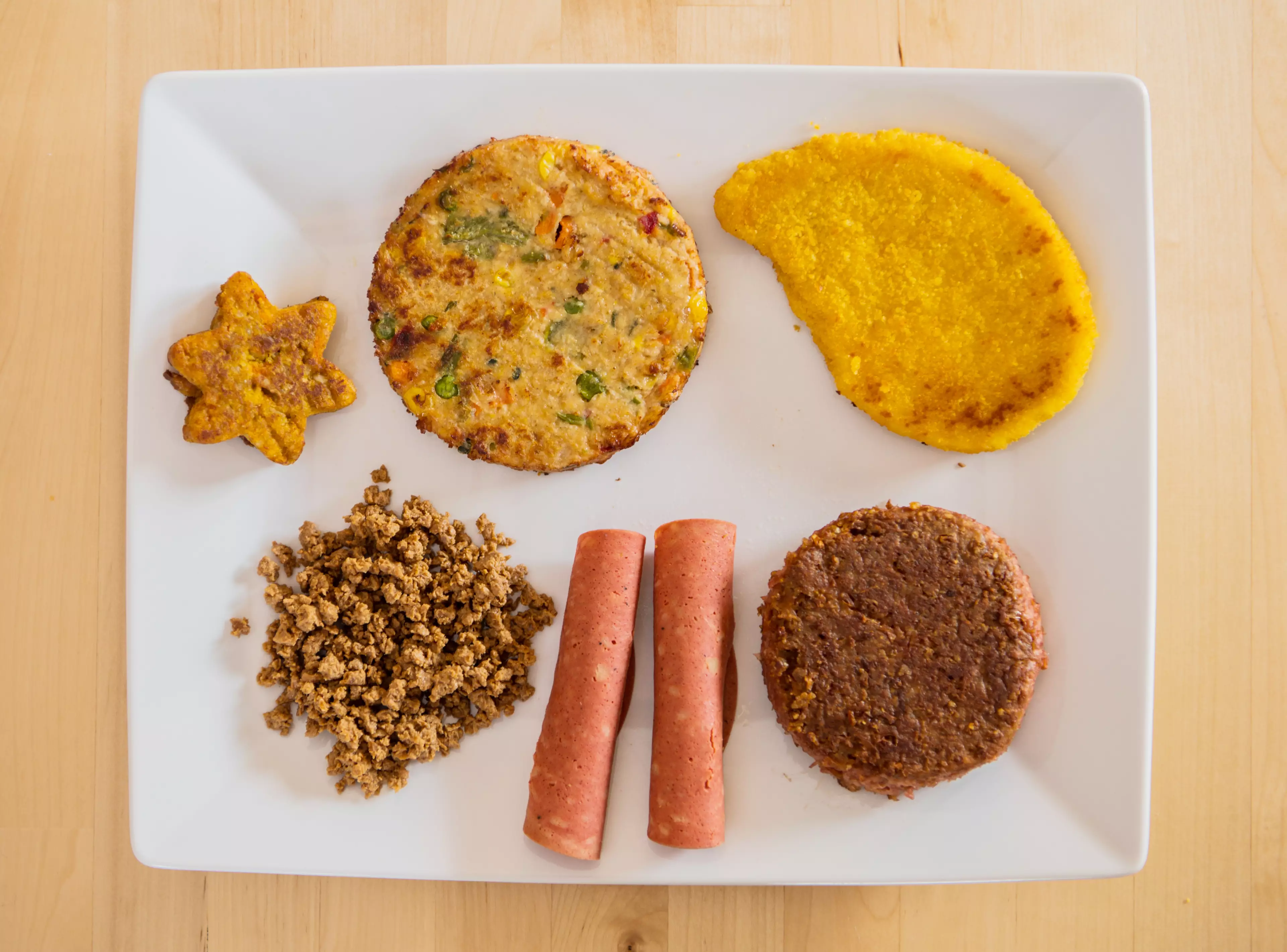 A plate of vegan and vegetarian meat substitutes.