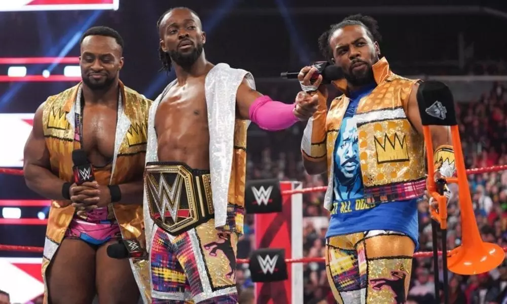 Big E with New Day stablemates Kofi Kingston (C) and Xavier Woods (R). (Image