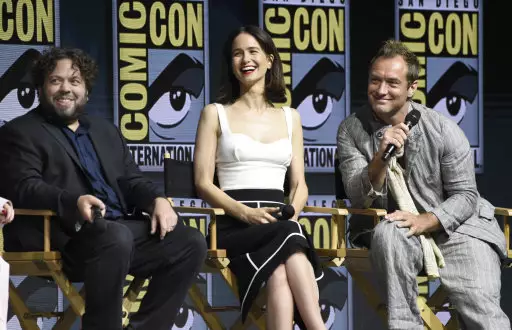 Dan Fogler, Katherine Waterston and Jude Law speak at the Warner Bros. Theatrical panel for 'Fantastic Beasts: The Crimes of Grindelwald'.
