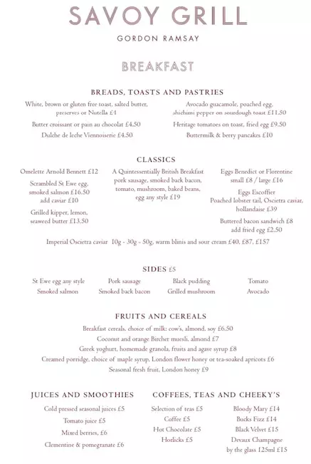 The Savoy menu revealed the breakfast didn't come cheap (