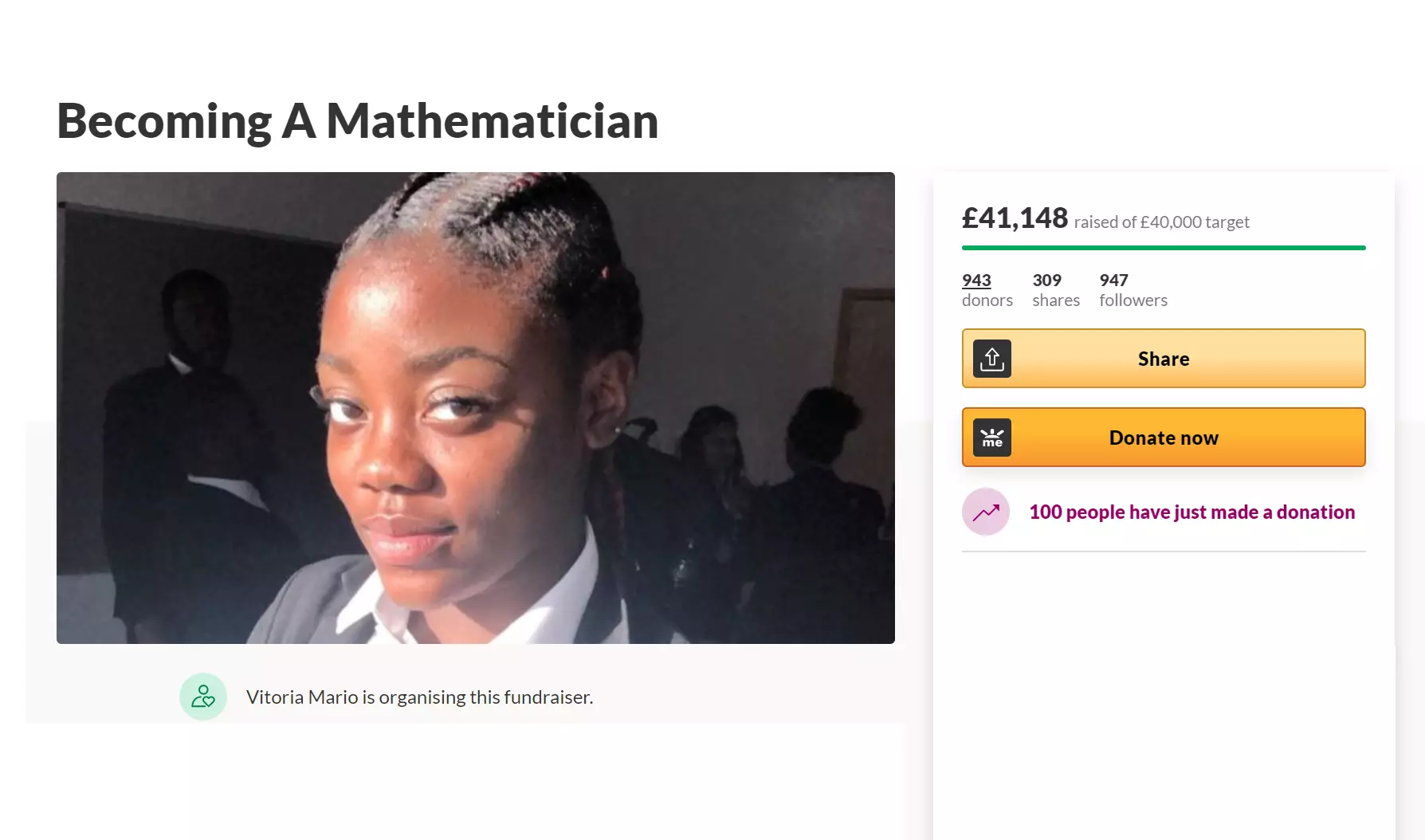 Vitoria Mario was forced to set up a GoFundMe page to raise university funds (