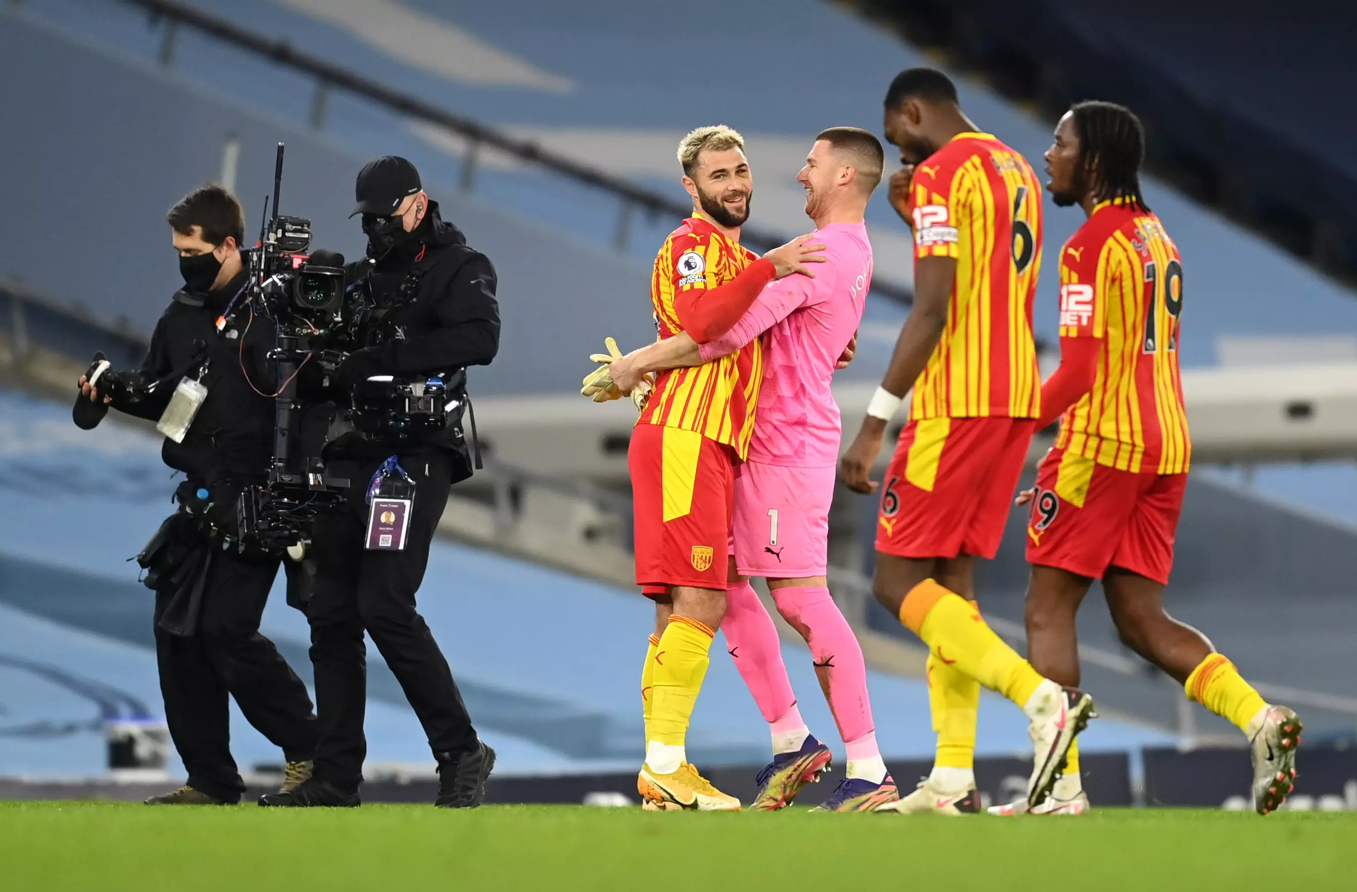 West Brom players celebrate their draw with City. Image: PA Images