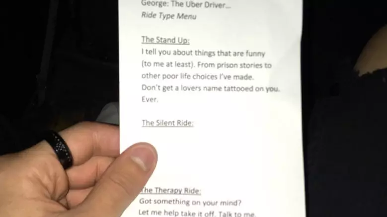 Uber Driver Gives Out Conversation Menu For The Kind Of Drive Rider Wants