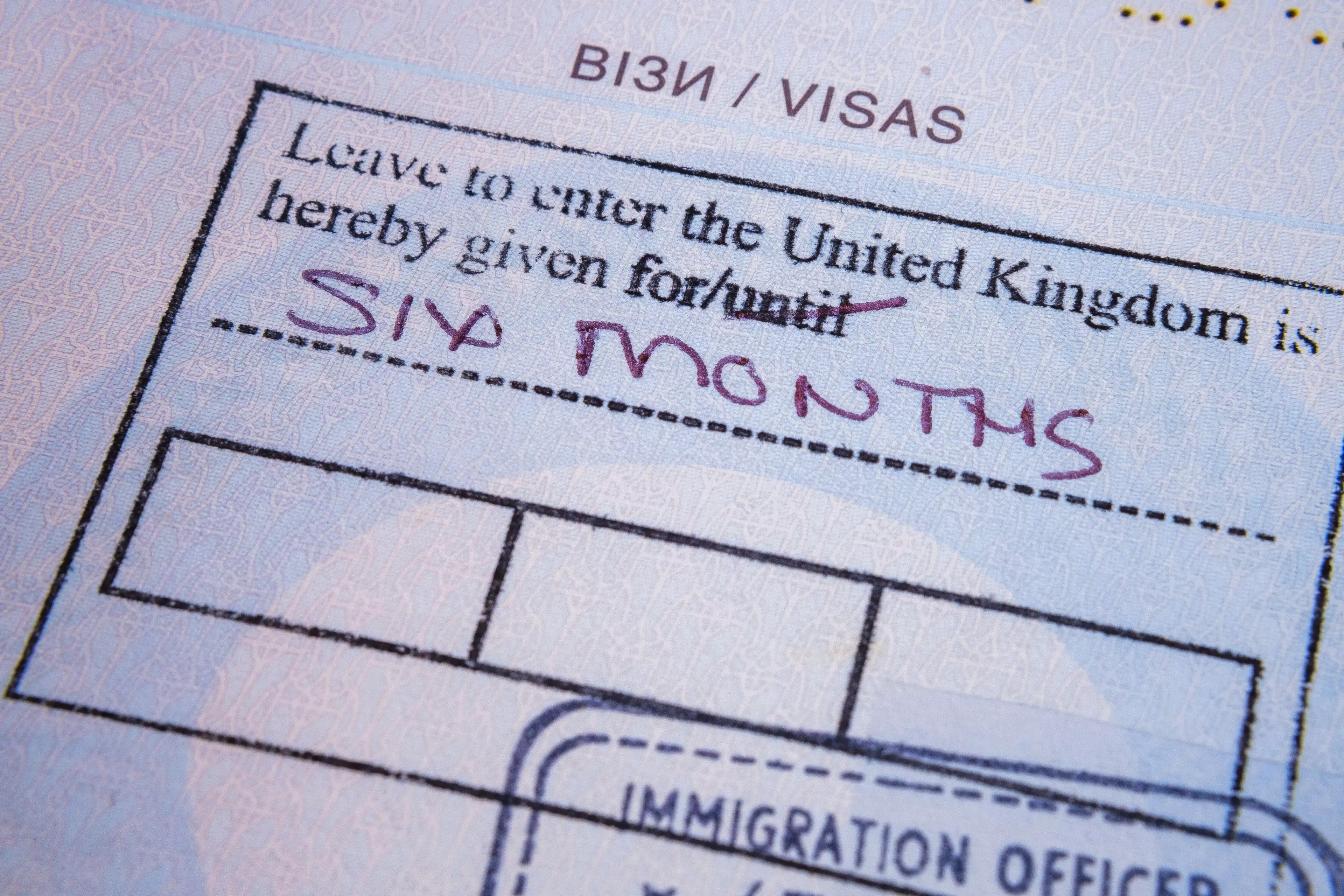 A visa granting access to the UK for six months.
