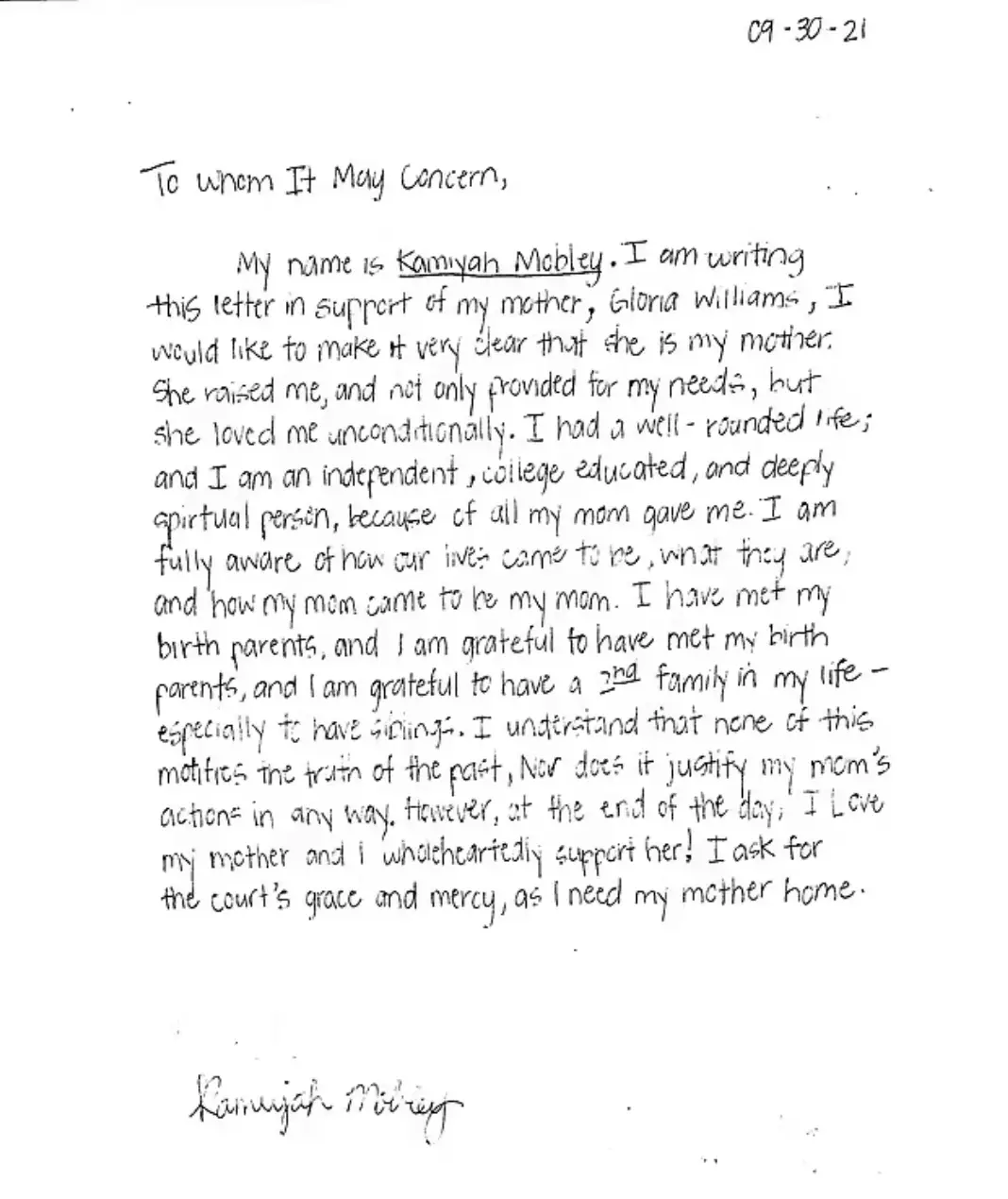 Mobley's letter to the court