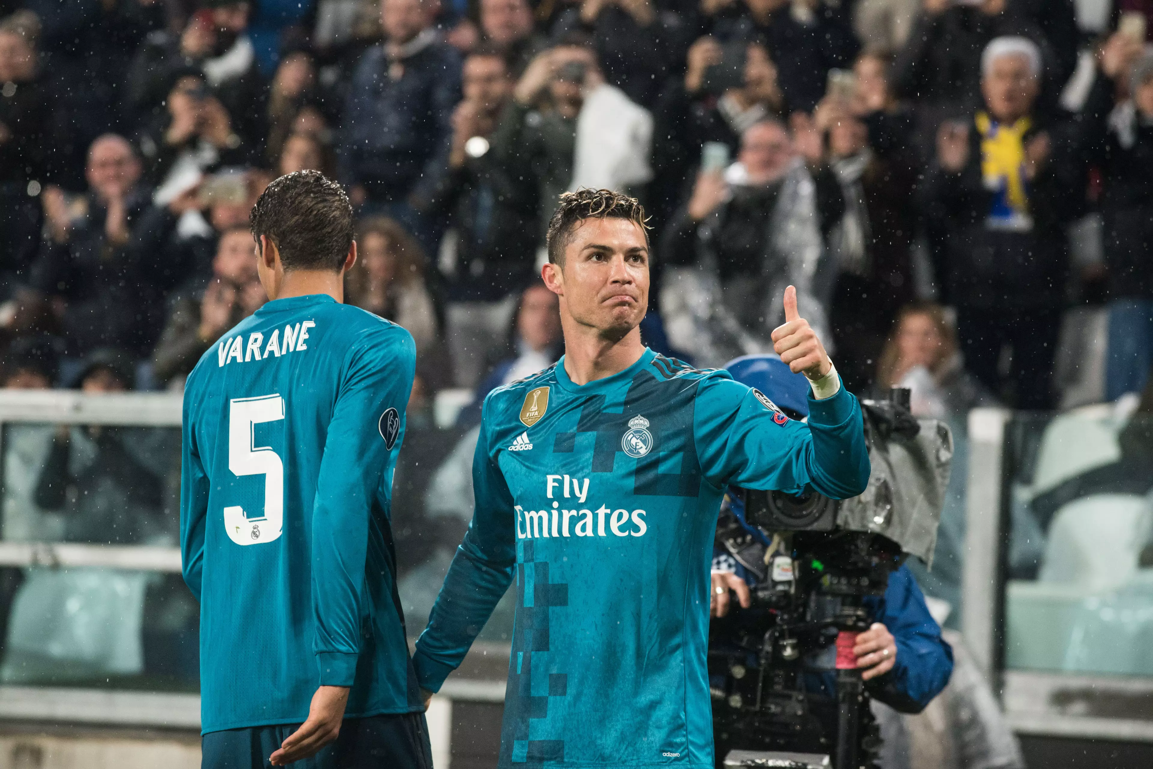 Ronaldo gestures to Juventus fans after scoring past them in last season's Champions League. Image: PA