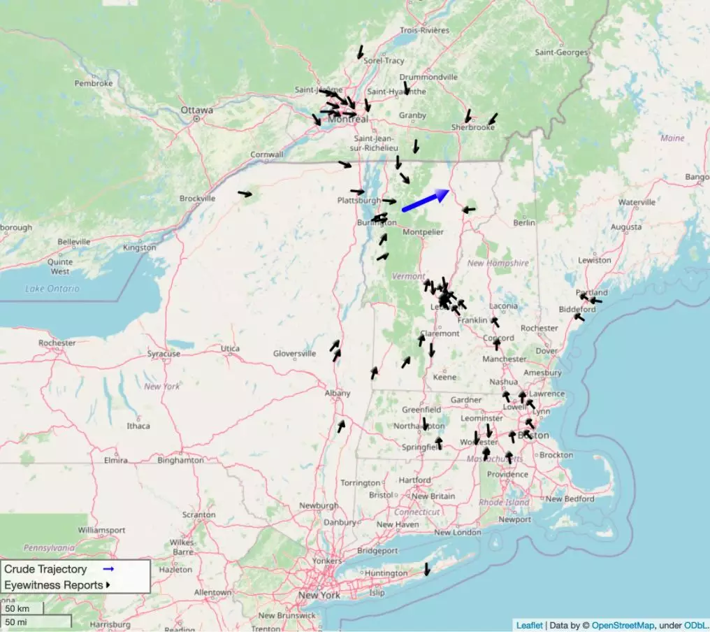 A map showing all the reported sightings of the Vermont meteor.