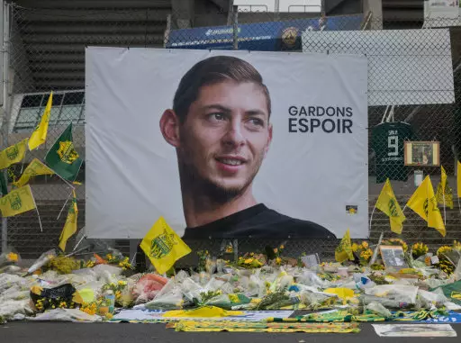 Wreaths and flowers in memory of Emiliano Sala, in front of the Beaujoire Stadium in Nantes.