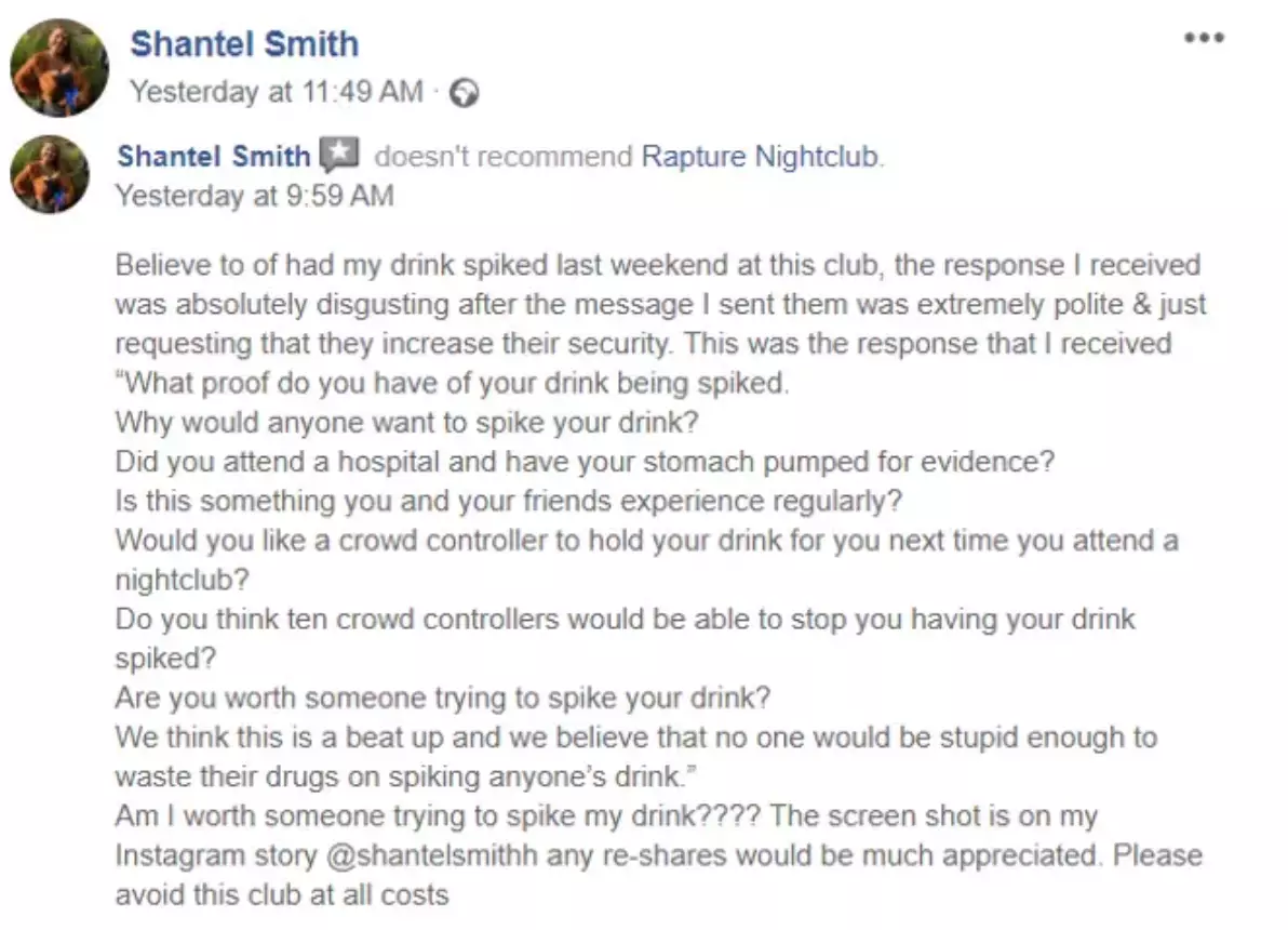 Shantel Smith also posted a negative review on Facebook for Rapture.